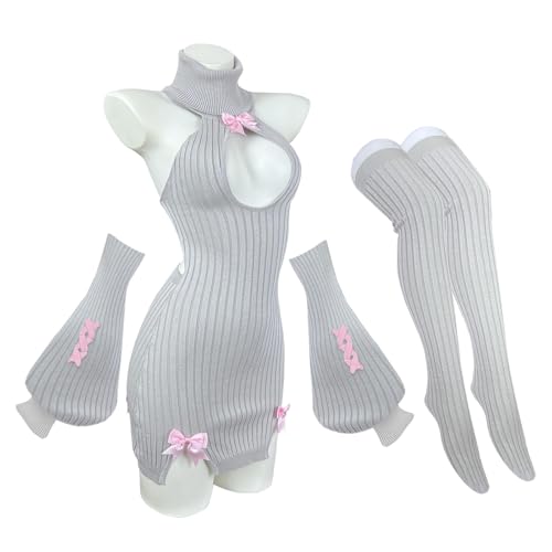 KORURACLUB Schleifenpullover Kostüm (3-teiliges Set) Premium Pullover Cosplay Dessous Schleifenpullover Succubus Dessous (Grau, L-XL) von KORURACLUB