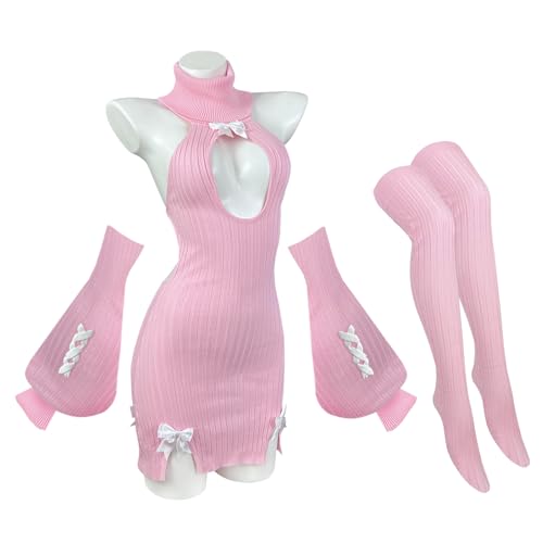 KORURACLUB Schleifenpullover Kostüm (3-teiliges Set) Premium Pullover Cosplay Dessous Schleifenpullover Succubus Dessous (Rosa, L-XL) von KORURACLUB