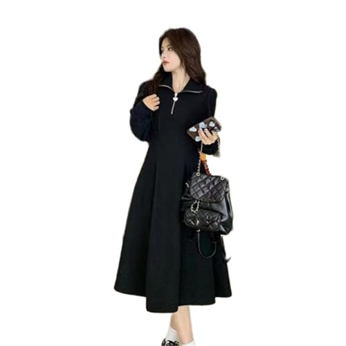 KOSFESFJHD Kragen Reißverschluss Fleecekleid - und Winter Damenmantel Mid-Langes Kleid-Black-XL von KOSFESFJHD