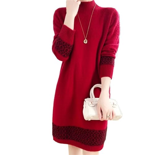 KOSFESFJHD - und Winter Wollstrickkleid Damen Mittellanges halber Hals Lockeres Strick Oberteil-red01-S von KOSFESFJHD