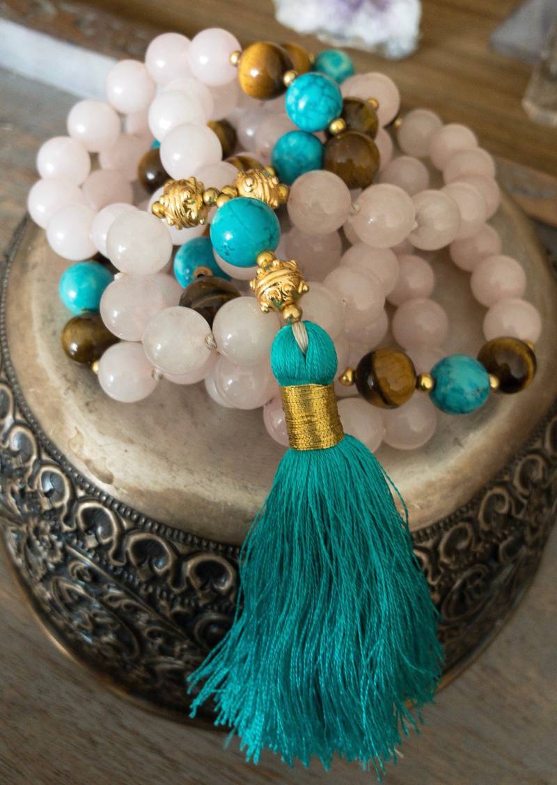 Infinity Rosenquarz Tigerauge Mala Perlen Quasten Halskette von KOSHA6
