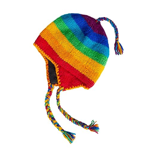 Handgestrickte Sherpa-Mütze mit Micro-Fleece-Futter und eklektischen Mustern, handgefertigte Wintermütze, Weihnachtsmütze, hergestellt in Nepal, Regenbogen, L/Einheitsgröße von KOSHI