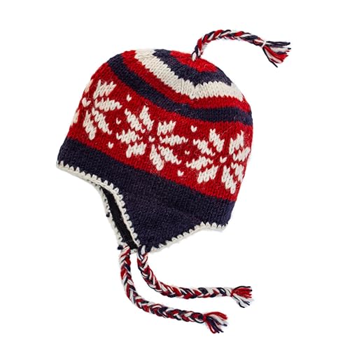 Handgestrickte Sherpa-Wolle, Unisex-Mütze mit Micro-Fleece-Futter mit Schneeflockenmuster, Ohrenklappen, Toque, Beanie, Marineblau, Rot und Weiß, Einheitsgröße von KOSHI