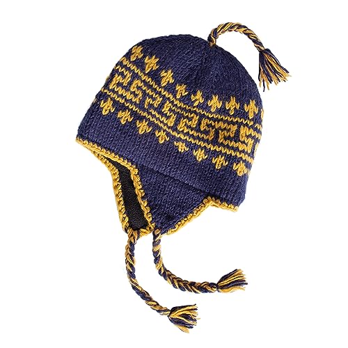 KOSHI Handgestrickte Sherpa-Wollmütze mit Microfleece-Futter und Ohrenklappen, handgefertigte Winter-Toque, Weihnachtsmütze, hergestellt in Nepal, Blau/Gold, L/Einheitsgröße von KOSHI