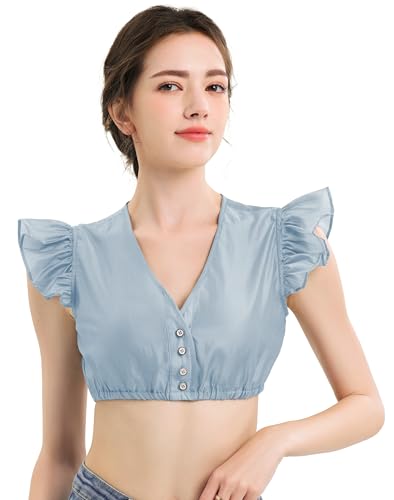 KOSMEEU Dirndl Bluse Damen Dirndlbluse Spitze Trachtenbluse Blau Dirndlblusen Schlicht Oktoberfest Spitzenbluse Trachten Bluse Bayrische Tracht V-Ausschnitt 36 von KOSMEEU