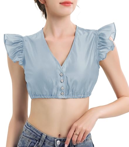 KOSMEEU Dirndl Bluse Damen Dirndlbluse Spitze Trachtenbluse Blau Dirndlblusen Schlicht Oktoberfest Spitzenbluse Trachten Bluse Bayrische Tracht V-Ausschnitt 50 von KOSMEEU