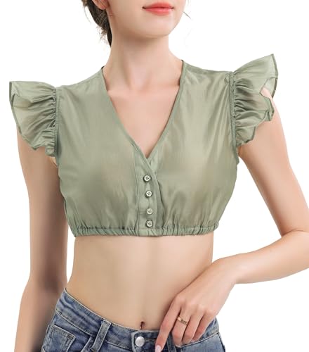 KOSMEEU Dirndl Bluse Damen Dirndlbluse Spitze Trachtenbluse Grün Dirndlblusen Schlicht Oktoberfest Spitzenbluse Trachten Bluse Bayrische Tracht V-Ausschnitt 36 von KOSMEEU