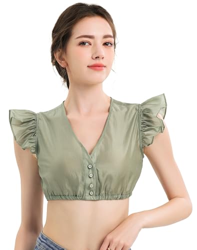 KOSMEEU Dirndl Bluse Damen Dirndlbluse Spitze Trachtenbluse Grün Dirndlblusen Schlicht Oktoberfest Spitzenbluse Trachten Bluse Bayrische Tracht V-Ausschnitt 40 von KOSMEEU