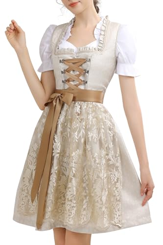 KOSMEEU Dirndl Damen Midi Trachtenkleid Oktoberfest Trachtenmode Trachten Trachtenrock Germandress inkl. Dirndl Dirndlschürze Dirndlbluse Apricot 52 von KOSMEEU