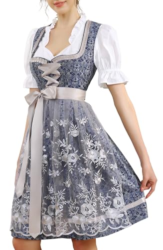 KOSMEEU Dirndl Damen Midi Trachtenkleid Oktoberfest Trachtenmode Trachten Trachtenrock Germandress inkl. Dirndl Dirndlschürze Dirndlbluse Blau 44 von KOSMEEU