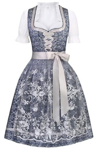 KOSMEEU Dirndl Damen Midi Trachtenkleid Oktoberfest Trachtenmode Trachten Trachtenrock Germandress inkl. Dirndl Dirndlschürze Dirndlbluse Blau 52 von KOSMEEU