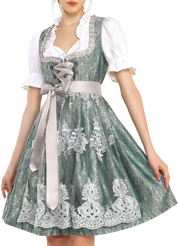 KOSMEEU Dirndl Damen Midi Trachtenkleid Oktoberfest Trachtenmode Trachten Trachtenrock Germandress inkl. Dirndl Dirndlschürze Dirndlbluse Grün 38 von KOSMEEU