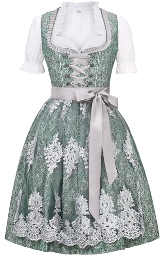 KOSMEEU Dirndl Damen Midi Trachtenkleid Oktoberfest Trachtenmode Trachten Trachtenrock Germandress inkl. Dirndl Dirndlschürze Dirndlbluse Grün 50 von KOSMEEU