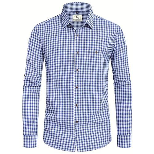 Trachtenhemd Herren Oktoberfest Hemd Outfit Tracht Kariertes Hemd Blau Trachtenhemden Kurzarm Freizeithemd Langarm Karohemd Baumwolle XXL von KOSMEEU