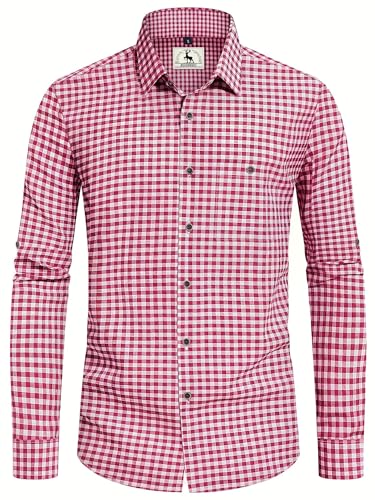 Trachtenhemd Herren Oktoberfest Hemd Outfit Tracht Kariertes Hemd Rot Trachtenhemden Kurzarm Freizeithemd Langarm Karohemd Baumwolle XXL von KOSMEEU