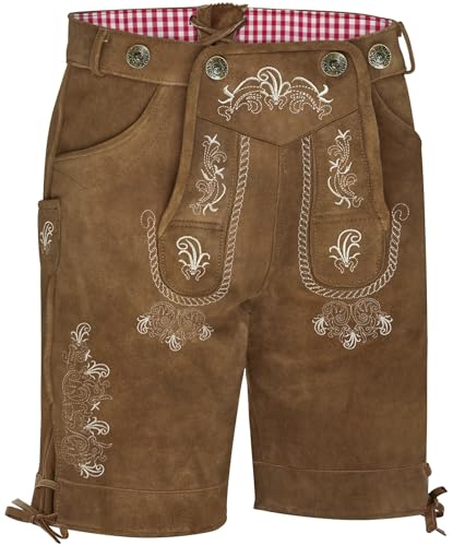 KOSMEEU Lederhose Herren Tracht Kurz Trachtenhose Trachtenlederhosen Lederhose Oktoberfest Mann Braun bayrische Trachten Hose Trachtenmode Hosenträger mit Kunst-Wildleder 50 von KOSMEEU