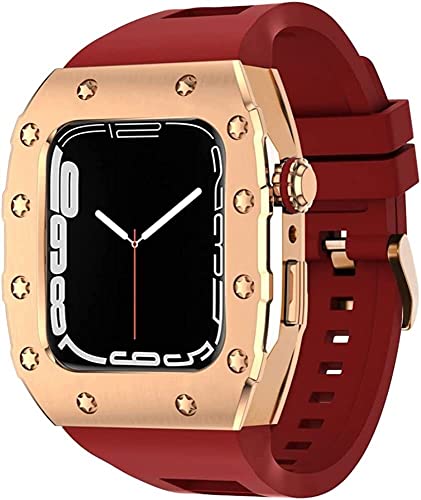KOSSMA Luxus-Nachrüst-Kits aus Edelstahl und Gummiband für Apple Watch 8, 7, 44 mm/45 mm, Fluorkautschuk-Armband, robuste Metalllünette, DIY-Modifikationsset, Hülle für iWatch 6, 5, 4 SE, 44mm For von KOSSMA