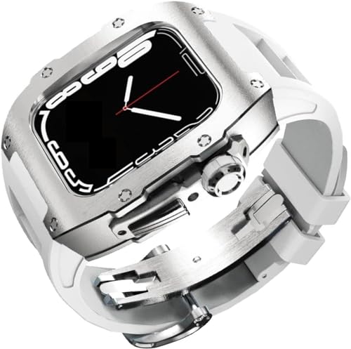 KOSSMA Uhrengehäuse aus Edelstahl, fluoriertes Gummiband, für Apple Watch Serie 8, 7, 6, 5, 4, SE, 44 mm, 45 mm, Ersatzzubehör, für Damen und Herren im RM-Stil, 45 mm, Achat von KOSSMA