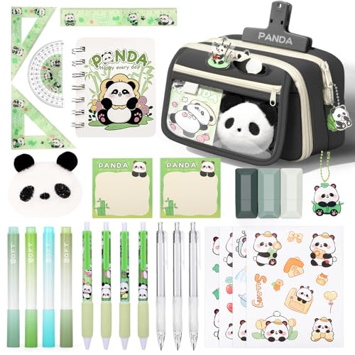 KOSTACHI Panda Federmäppchen für Jungen & Mädchen, 28 Stück Schulsachen Aesthetic mit Mäppchen, 4 Textmarker, 4 Panda Gelstifte, 4 Lineal, 4 Aufkleber, Panda Schreibwaren Set, Schwarz von KOSTACHI