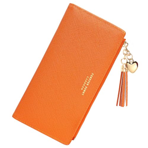 KOTORA Dünne Damengeldbörse für Mädchen, hübscher Mini-Kartenhalter, kleine Clutch, Reißverschluss, Liebesanhänger, Quasten, Orange/Abendrot im Zickzackmuster (Sunset Chevron), Minimalistisch von KOTORA