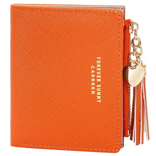 KOTORA Kleine Damengeldbörse für Mädchen, kleine schlanke Brieftaschen, hübscher Mini-Kartenhalter, dünn, kurzer Reißverschluss, Münzbörse mit Liebesanhänger und Quasten, Orange/Abendrot im von KOTORA