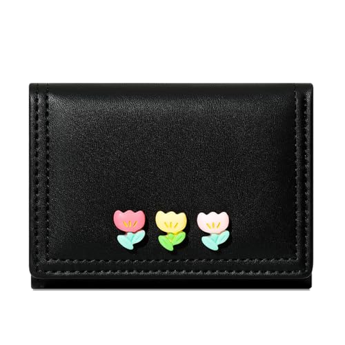 KOTORA Kleine Geldbörse für Damen und Mädchen, niedliches Blumenmuster, dreifach gefaltet, Leder, schmale Tasche, Kartenhalter, Mini-Kurzgeldfaltung, Schwarz, Niedlich von KOTORA