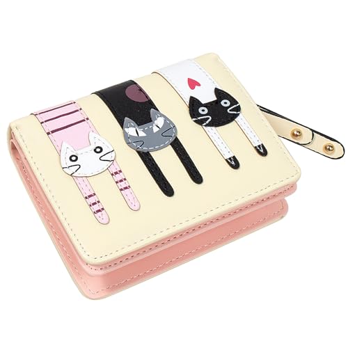 KOTORA Kleine süße Geldbörse für Damen und Mädchen, kurze Bifold Clutch, Mini-Katzen-Stickerei, Reißverschluss, Kartenhalter, Münzgeldbörse, Beige, Niedlich von KOTORA