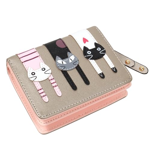 KOTORA Kleine süße Geldbörse für Damen und Mädchen, kurze Bifold Clutch, Mini-Katzen-Stickerei, Reißverschluss, Kartenhalter, Münzgeldbörse, Gold, Niedlich von KOTORA