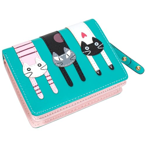 KOTORA Kleine süße Geldbörse für Damen und Mädchen, kurze Bifold Clutch, Mini-Katzen-Stickerei, Reißverschluss, Kartenhalter, Münzgeldbörse, Grün , Niedlich von KOTORA