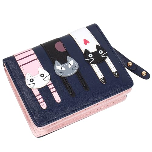 KOTORA Kleine süße Geldbörse für Damen und Mädchen, kurze Bifold Clutch, Mini-Katzen-Stickerei, Reißverschluss, Kartenhalter, Münzgeldbörse, Marineblau, Niedlich von KOTORA