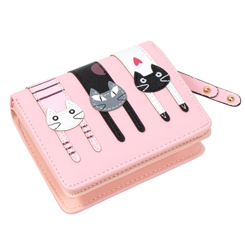 KOTORA Kleine süße Geldbörse für Damen und Mädchen, kurze Bifold Clutch, Mini-Katzen-Stickerei, Reißverschluss, Kartenhalter, Münzgeldbörse, Pink, Niedlich von KOTORA