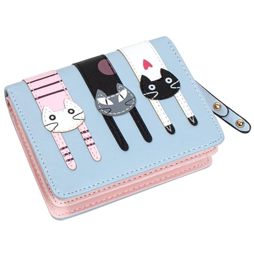 KOTORA Kleine süße Geldbörse für Damen und Mädchen, kurze Bifold Clutch, Mini-Katzen-Stickerei, Reißverschluss, Kartenhalter, Münzgeldbörse, Wathet, Niedlich von KOTORA