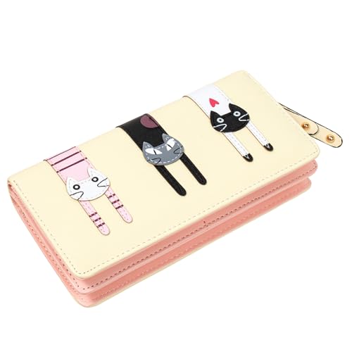 KOTORA Niedliche Geldbörse für Frauen und Mädchen, lange Bifold Clutch, Mini-Katzen-Stickerei, Reißverschluss, Kartenhalter, Münzgeldbörse, Beige, Niedlich von KOTORA