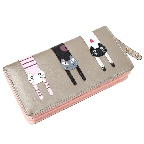 KOTORA Niedliche Geldbörse für Frauen und Mädchen, lange Bifold Clutch, Mini-Katzen-Stickerei, Reißverschluss, Kartenhalter, Münzgeldbörse, Gold, Niedlich von KOTORA