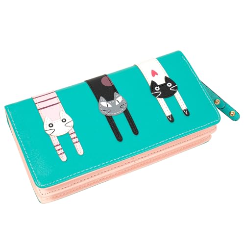 KOTORA Niedliche Geldbörse für Frauen und Mädchen, lange Bifold Clutch, Mini-Katzen-Stickerei, Reißverschluss, Kartenhalter, Münzgeldbörse, Grün , Niedlich von KOTORA