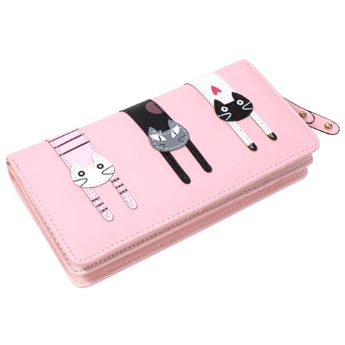 KOTORA Niedliche Geldbörse für Frauen und Mädchen, lange Bifold Clutch, Mini-Katzen-Stickerei, Reißverschluss, Kartenhalter, Münzgeldbörse, Pink, Niedlich von KOTORA