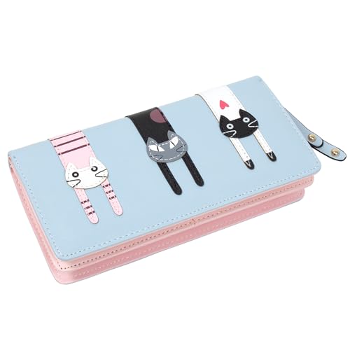 KOTORA Niedliche Geldbörse für Frauen und Mädchen, lange Bifold Clutch, Mini-Katzen-Stickerei, Reißverschluss, Kartenhalter, Münzgeldbörse, Wathet, Niedlich von KOTORA