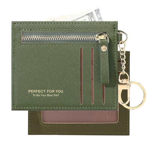 KOTORA Slim Card Case Mini Small Pocket Wallet Leather Zip Coin Purse Cash & Credit Card Holder with Keychain Unisex UltraThin, Grün , Schlank, dünn von KOTORA