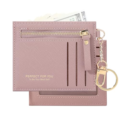 KOTORA Slim Card Case Mini Small Pocket Wallet Leather Zip Coin Purse Cash & Credit Card Holder with Keychain Unisex UltraThin, Pink, Schlank, dünn von KOTORA