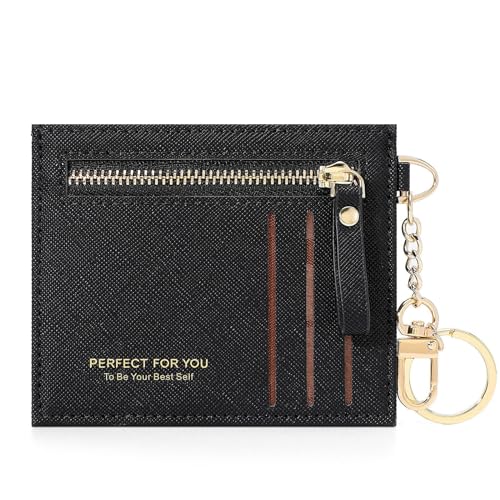 KOTORA Slim Card Case Mini Small Pocket Wallet Leather Zip Coin Purse Cash & Credit Card Holder with Keychain Unisex UltraThin, Schwarz, Schlank, dünn von KOTORA