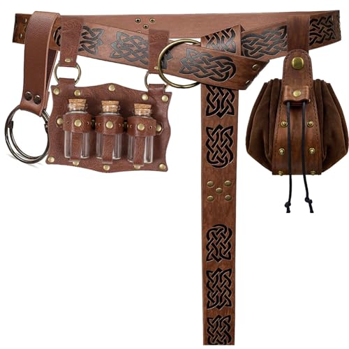 Renaissance Kostüm Zubehör Gürteltasche Münzgeldbörse Trank Flasche Leder Halter Retro Mittelalter Festival Gürtel Taille Set, Braun, Standard, Renaissance-Kostüm-Gürteltaschen-Set von KOTORA