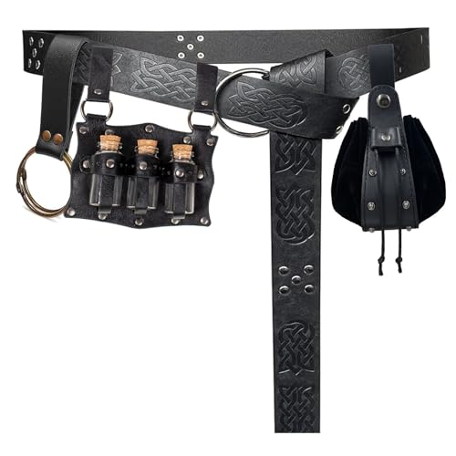 Renaissance Kostüm Zubehör Gürteltasche Münzgeldbörse Trank Flasche Leder Halter Retro Mittelalter Festival Gürtel Taille Set, Schwarz, Standard, Renaissance-Kostüm-Gürteltaschen-Set von KOTORA