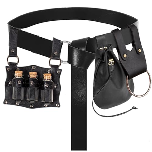 Renaissance Kostüm Zubehör Gürteltasche Münzgeldbörse Trank Flasche Leder Halter Retro Mittelalter Festival Gürtel Taille Set, Schwarz (B), Standard, Renaissance-Kostüm-Gürteltaschen-Set von KOTORA