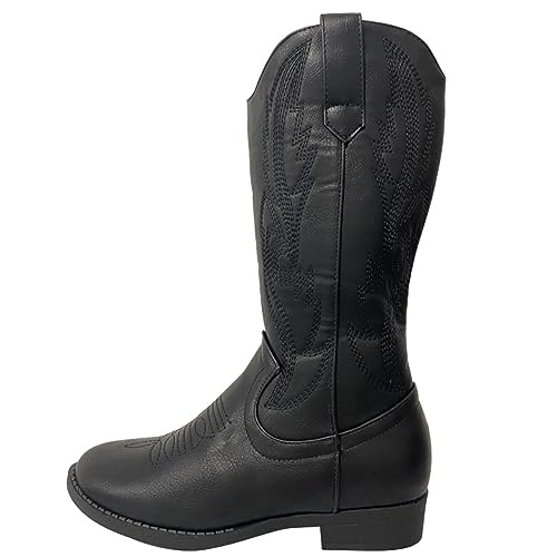 KOUDYEN Damen Cowboystiefel Spitz Vintage Mittlere Westernstiefel mit Wade Stickerei Muster CowboyBoots Winter Gefütterte Lederstiefel XZ0824W-Black-EU35 von KOUDYEN