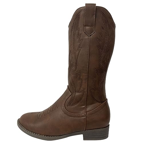 KOUDYEN Damen Cowboystiefel Spitz Vintage Mittlere Westernstiefel mit Wade Stickerei Muster CowboyBoots Winter Gefütterte Lederstiefel XZ0824W-Brown-EU37 von KOUDYEN