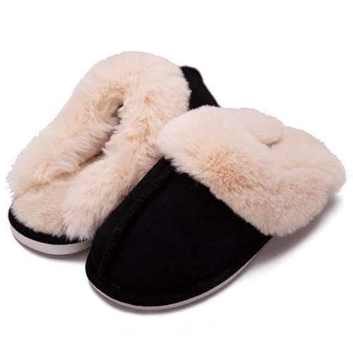 KOUDYEN Damen Hausschuhe Winter Memory Foam Pantoffeln Rutschfest Plüsch Faux Pelz Flache Warm Gefüttert Weiche Slipper für Indoor und Outdoor XZ8946W-Black-EU36-37 von KOUDYEN