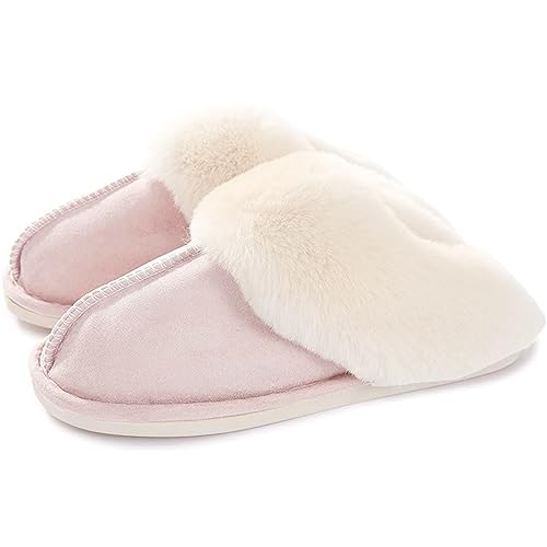 KOUDYEN Damen Hausschuhe Winter Memory Foam Pantoffeln Rutschfest Plüsch Faux Pelz Flache Warm Gefüttert Weiche Slipper für Indoor und Outdoor XZ8946W-Pink-EU36-37 von KOUDYEN