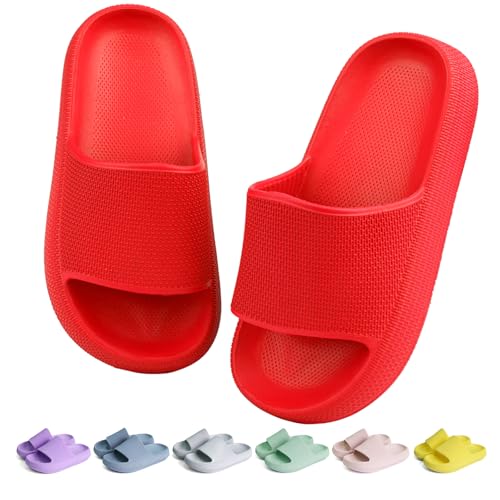 KOUECI Kids Cloud Slides Jungen Mädchen Duschpantoffeln Slip on Slide Sandalen rutschfeste Sommer Strand Pool Schuhe, Rot/Ausflug, einfarbig (Getaway Solids), 4 Big Kid von KOUECI