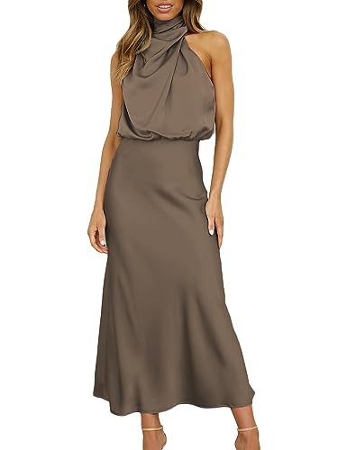 2023 Damen Satin High Neck Cutout Maxikleid für Hochzeit Gast Seide Empire Taille Asymmetrisch Ärmellos Formal Midi Kleid, Braun, Mittel von KOUNAI