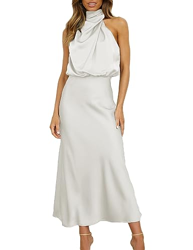 2023 Frauen Satin Hoher Hals Ausschnitt Maxi Kleid für Hochzeit Gast Seide Empire Taille Asymmetrische Ärmellos Formale Midi Kleid, Champagner, Klein von KOUNAI